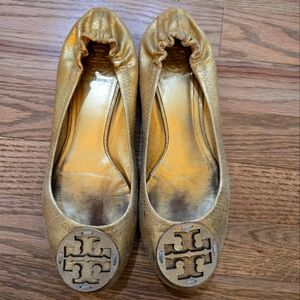 Tory Burch Gold Reva Pebbled Leather Ballet Flats